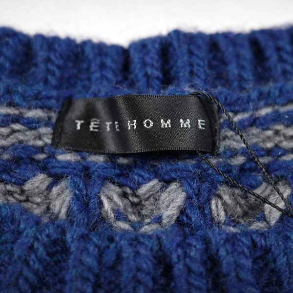 新品1円～★定価1.9万 TETE HOMME テットオム メンズ 長袖 アルパカ混 ポップコーンクルーネックニット LL グレーブルー セーター ◆9817◆_画像8
