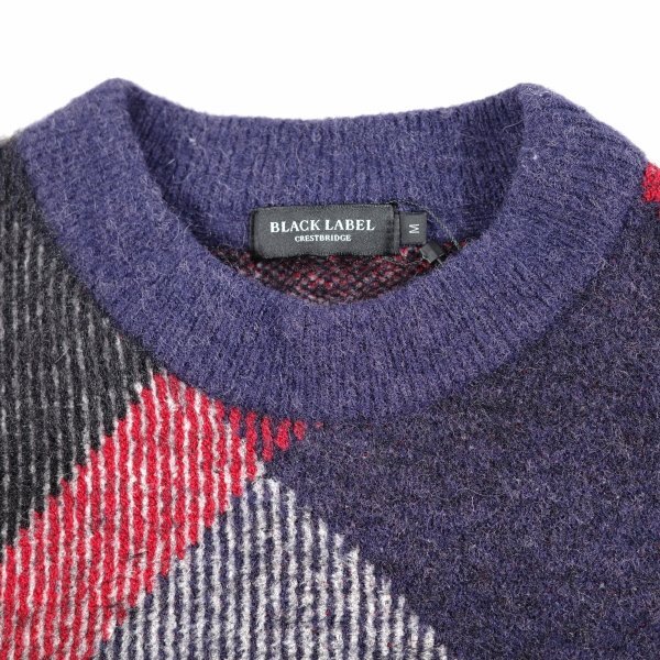 新品1円~★定価3.9万 BLACK LABEL ブラックレーベル クレストブリッジ 長袖 ビッグスケールバイアスチェックニット L ネイビー ◆9824◆_画像7