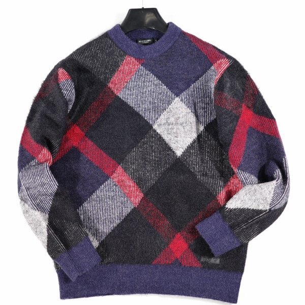 新品1円~★定価3.9万 BLACK LABEL ブラックレーベル クレストブリッジ 長袖 ビッグスケールバイアスチェックニット L ネイビー ◆9824◆_画像4