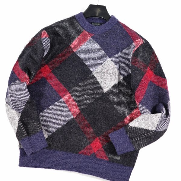 新品1円~★定価3.9万 BLACK LABEL ブラックレーベル クレストブリッジ 長袖 ビッグスケールバイアスチェックニット L ネイビー ◆9824◆_画像8