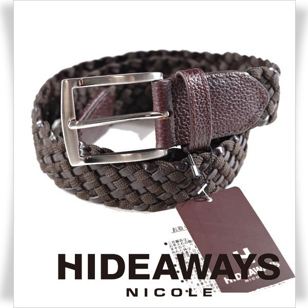新品1円~★HIDEAWAYS NICOLEハイダウェイ ニコル メンズ 牛革レザー メッシュベルト フリーサイズ 本革 ブラウン ◆9916◆_画像1