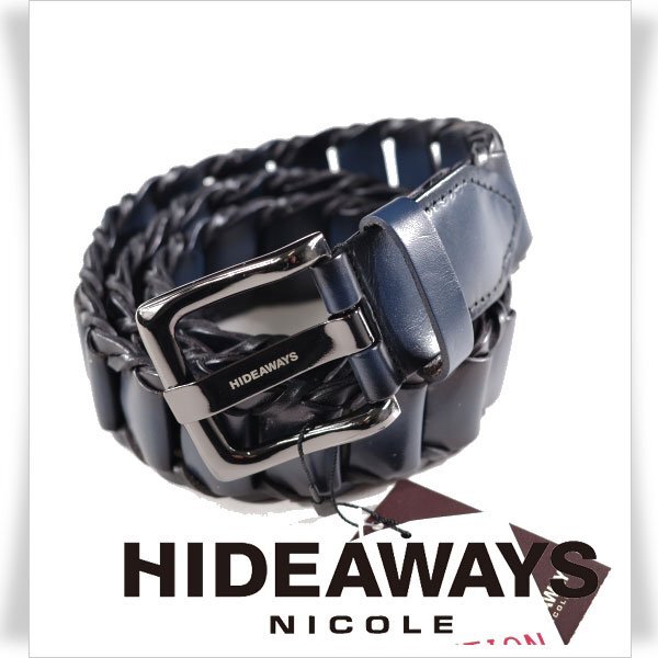 新品1円～★HIDEAWAYS NICOLEハイダウェイ ニコル メンズ 牛革レザー ピースメッシュレザーベルト フリーサイズ ネイビー 本革 ◆9912◆_画像1