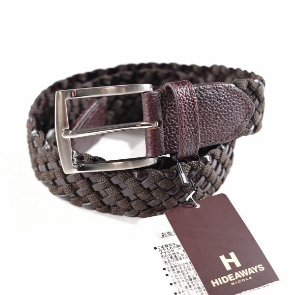 新品1円~★HIDEAWAYS NICOLEハイダウェイ ニコル メンズ 牛革レザー メッシュベルト フリーサイズ 本革 ブラウン ◆9916◆_画像3