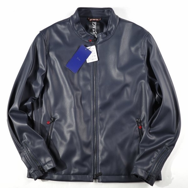 新品1円～★g-stage ジーステージ メンズ 秋冬 フェイクレザー シングルライダースジャケット 48 L ネイビー ジップブルゾン◆1076◆_画像3