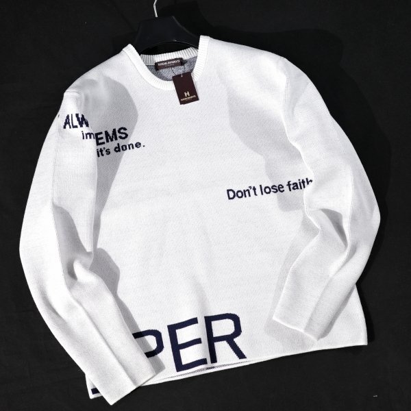 新品1円～★HIDEAWAYS NICOLE ハイダウェイ ニコル メンズ 長袖 クルーネック ロゴジャカードニット 46 M 白 ストレッチ ◆1229◆_画像10