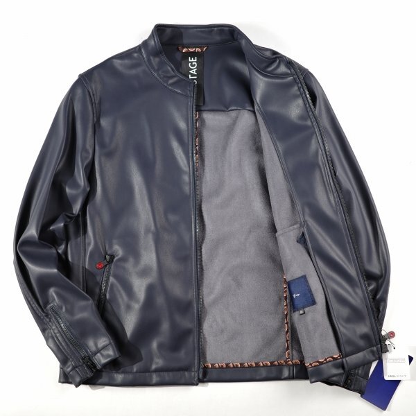 新品1円～★g-stage ジーステージ メンズ 秋冬 フェイクレザー シングルライダースジャケット 48 L ネイビー ジップブルゾン◆1287◆_画像7