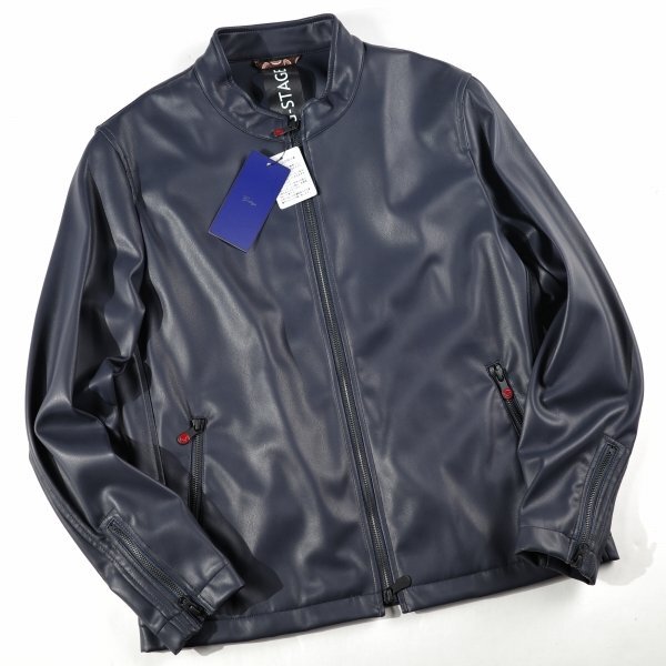 新品1円～★g-stage ジーステージ メンズ 秋冬 フェイクレザー シングルライダースジャケット 48 L ネイビー ジップブルゾン◆1287◆_画像4