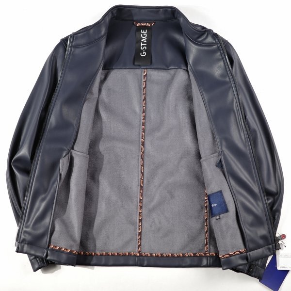 新品1円～★g-stage ジーステージ メンズ 秋冬 フェイクレザー シングルライダースジャケット 48 L ネイビー ジップブルゾン◆1287◆_画像8