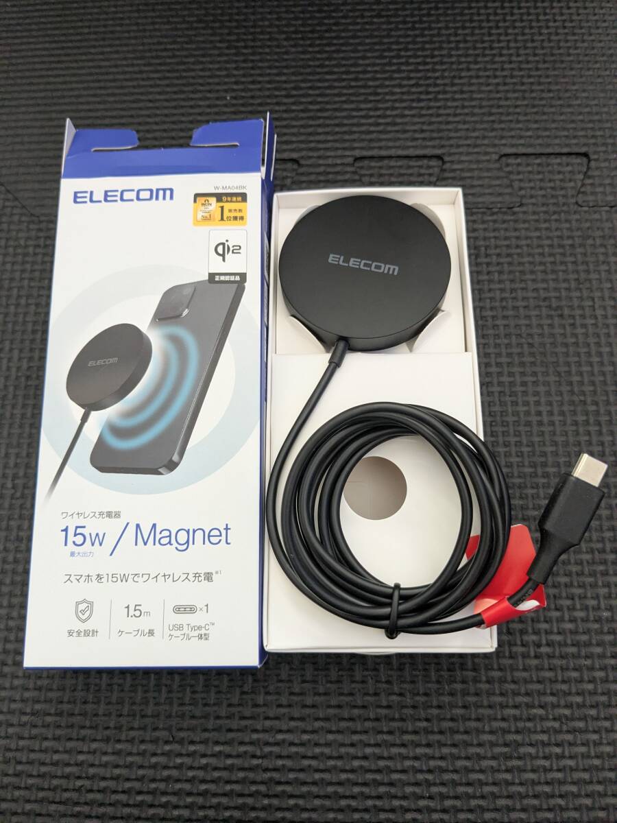 ◎0711u1129 エレコム Qi2 ワイヤレス充電器 15W マグネット 卓上 ブラック W-MA04BK_画像1