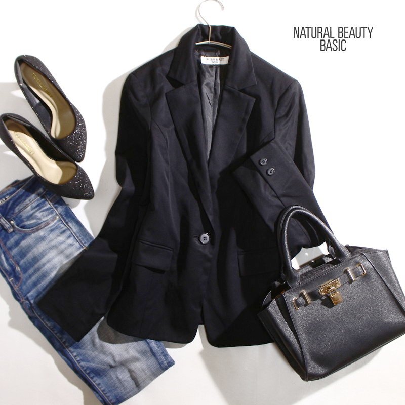 美品 ナチュラルビューティーベーシック NATURAL BEAUTY BASIC 毛100％ ウール テーラードジャケット スーツ オフィス M ブラック 黒 上着_画像1