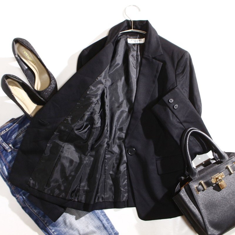 美品 ナチュラルビューティーベーシック NATURAL BEAUTY BASIC 毛100％ ウール テーラードジャケット スーツ オフィス M ブラック 黒 上着_画像3