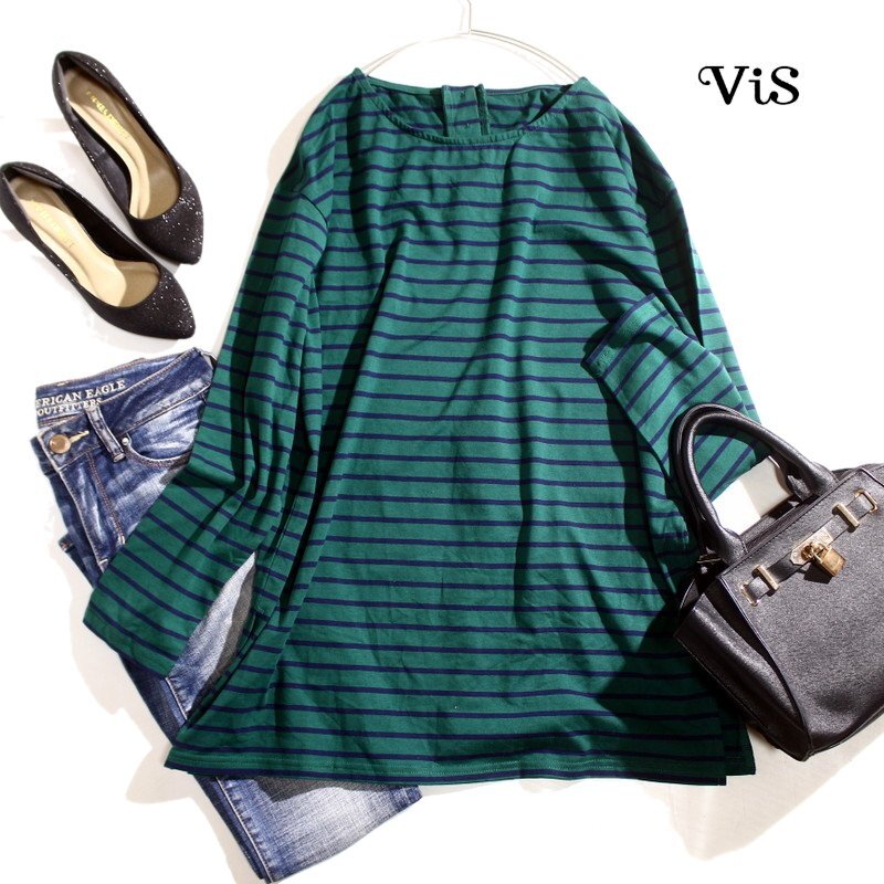 美品 ビス VIS 株) ジュン 合物 ボーダー 柄 長袖カットソー Tシャツ F グリーン 緑 ネイビー 紺 カットソー プルオーバー ゆったり ミセス_画像1