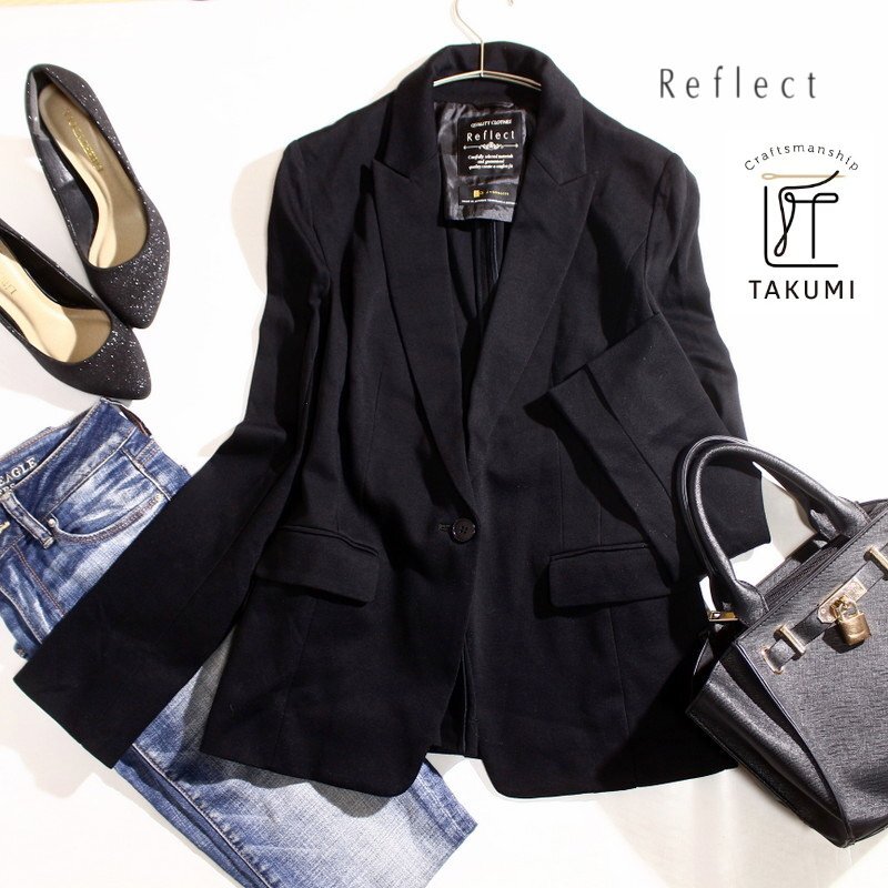 美品 Reflect リフレクト 株) ワールド ストレッチ 綺麗ライン 匠ジャケット テーラードジャケット ブラック 黒 9号 Mサイズ ジャケット_画像1