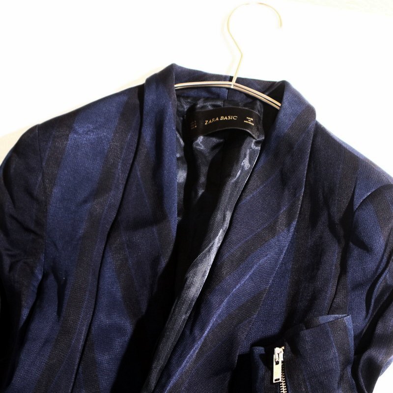 美品 ZARA BASIC ザラ ベーシック 秋 冬 春 艶 上品 ストライプ テーラードジャケット S ネイビー 紺 光沢 サテン ジャケット ロング_画像2