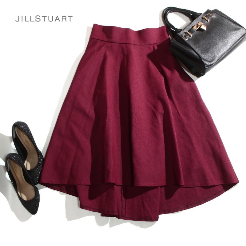 美品 JILLSTUART ジルスチュアート 秋 冬 ハリ 艶 上品 イレギュラーヘム フレアスカート ワインレッド 3 スカート 赤 L フォーマル X’mas_画像1
