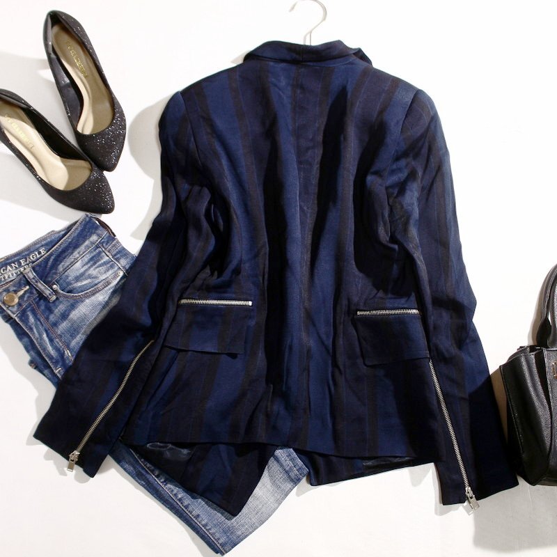 美品 ZARA BASIC ザラ ベーシック 秋 冬 春 艶 上品 ストライプ テーラードジャケット S ネイビー 紺 光沢 サテン ジャケット ロング_画像5