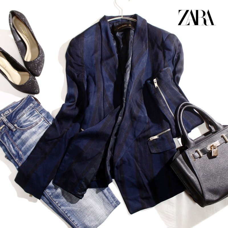 美品 ZARA BASIC ザラ ベーシック 秋 冬 春 艶 上品 ストライプ テーラードジャケット S ネイビー 紺 光沢 サテン ジャケット ロング_画像1