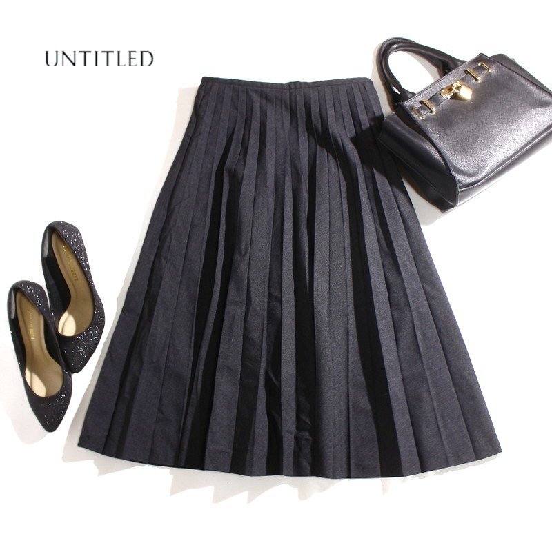 美品 アンタイトル UNTITLED 株) ワールド 秋 冬 毛100％ ミディ プリーツスカート 9号 チャコールグレー ウールスカート スカート 上品_画像1