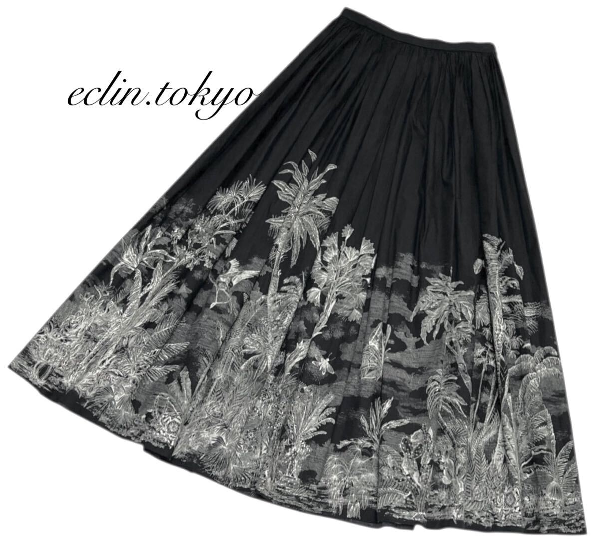 【E4778】極美品 Christian Dior クリスチャン ディオール《ランウェイ着用の最高級品》豪華模様 フラワー ギャザー ロングスカート 黒 34_画像4