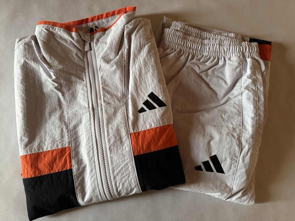 adidas アディダス 上下セット ナイロン セットアップ 裏地メッシュ グレー オレンジ 黒 【Ｌサイズ】_画像1