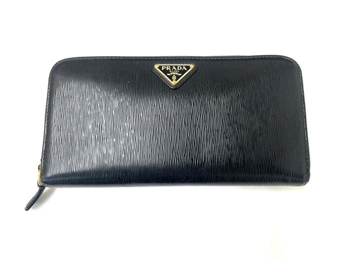 *PRADA Prada длинный кошелек vi  терроризм Move чёрная кожа раунд застежка-молния кошелек бумажник чёрный B13462