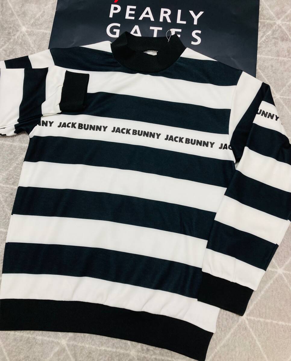 新品 パーリーゲイツ ジャックバニー 裏毛起毛ボーダー ハイネックプルオーバー(6)サイズLL/白黒 JACK BUNNY_画像2