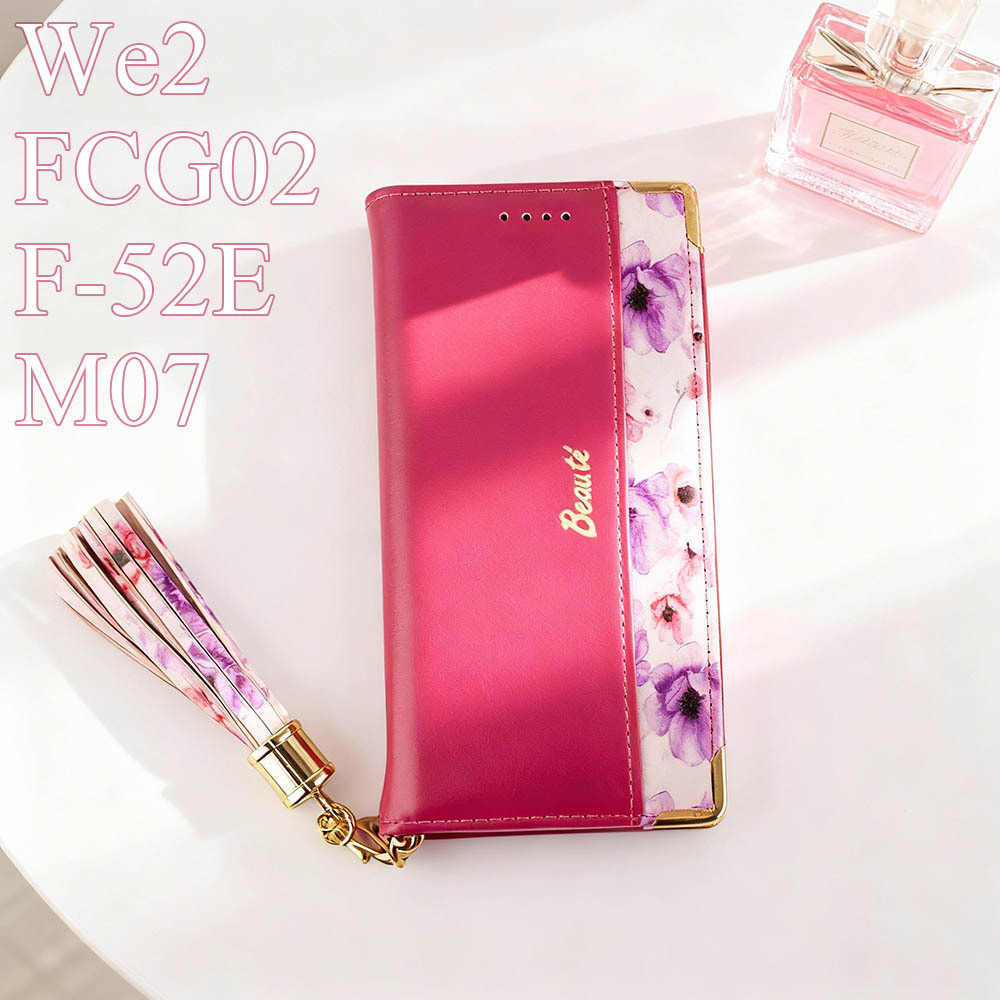 arrows We2 ケース 手帳型 かわいい F52E M07 カバー FCG02 スマホケース 鏡付 ミラー ストラップ付 赤 レッド Red 花柄 おしゃれ 上品_画像1