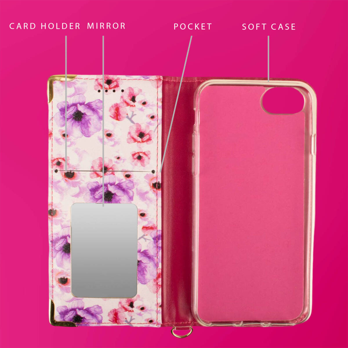 arrows We2 ケース 手帳型 かわいい F52E M07 カバー FCG02 スマホケース 鏡付 ミラー ストラップ付 赤 レッド Red 花柄 おしゃれ 上品_画像2