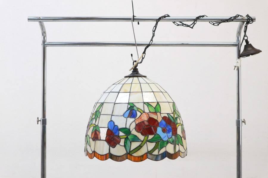 三越製作所★ステンドグラス ペンダントライト★花柄 プルスイッチ式 コンセント式電源 レトロ アンティーク調★318h14_画像5
