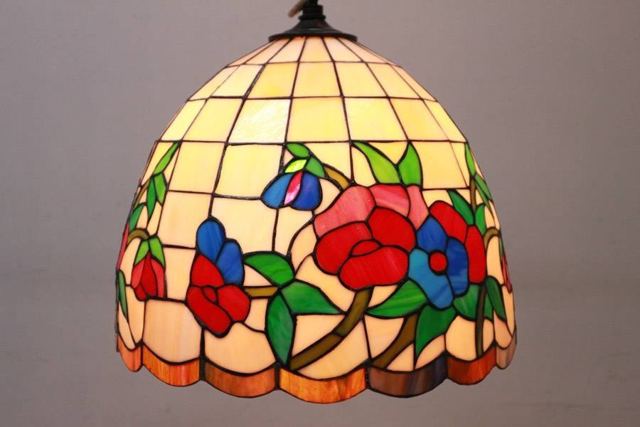 三越製作所★ステンドグラス ペンダントライト★花柄 プルスイッチ式 コンセント式電源 レトロ アンティーク調★318h14_画像1