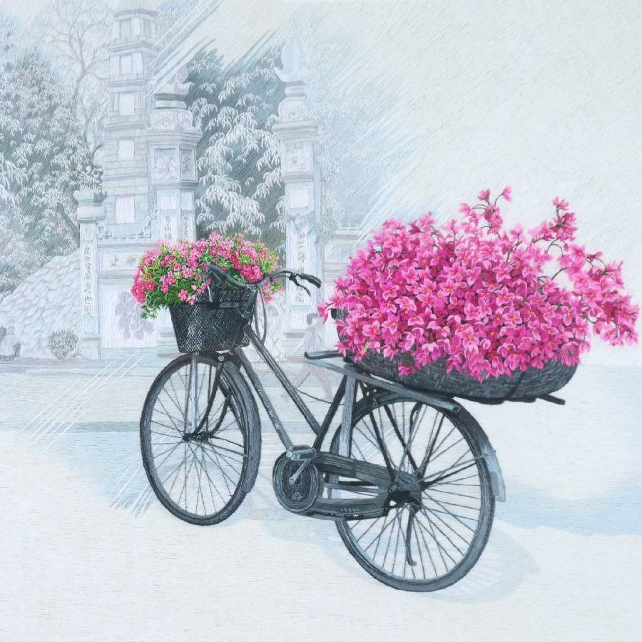 花と自転車 刺繍画 アンティーク調 額装 作者不明★282h55_画像2