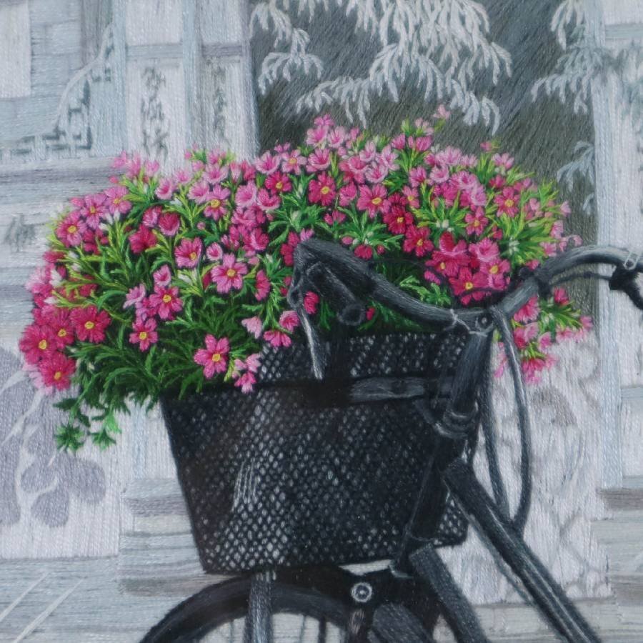 花と自転車 刺繍画 アンティーク調 額装 作者不明★282h55_画像4