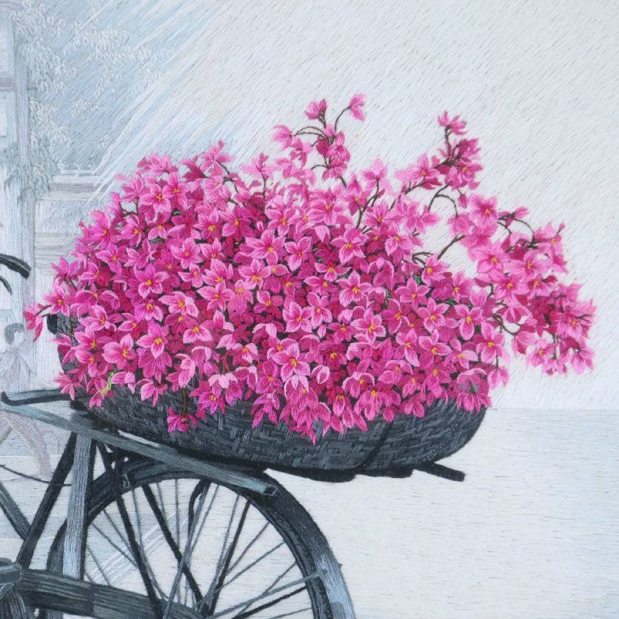 花と自転車 刺繍画 アンティーク調 額装 作者不明★282h55_画像3