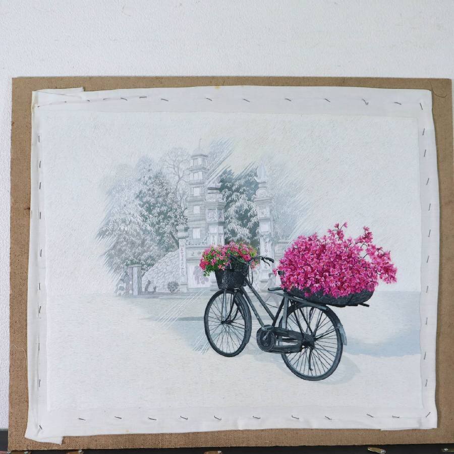 花と自転車 刺繍画 アンティーク調 額装 作者不明★282h55_画像9