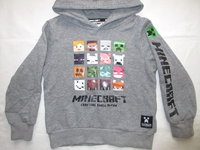 ★古着 MINECRAFT マインクラフト マイクラ クリーパー柄 スウェットパーカー 130 約110~120cm グレー 裏毛 パイル地 KIDS キッズ 子供服★_画像1