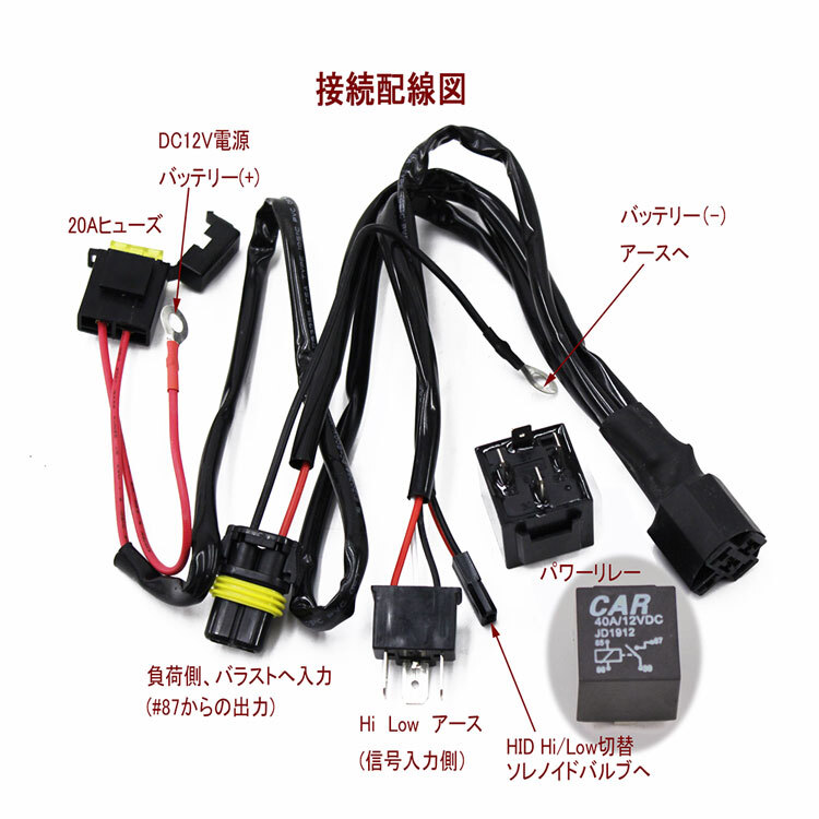車やバイクなどDC12V仕様 パワーリレーハーネス1式 大電流用スイッチ安定化、耐久性改善に HIDバルブ Hi/Lo切替対応_画像2