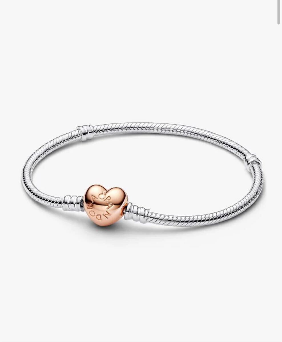 箱など全てあり PANDORA パンドラ ハート&スネイクチェーンブレスレット 14Kローズゴールド & シルバー heart&snake chain bracelet 17cm _画像1