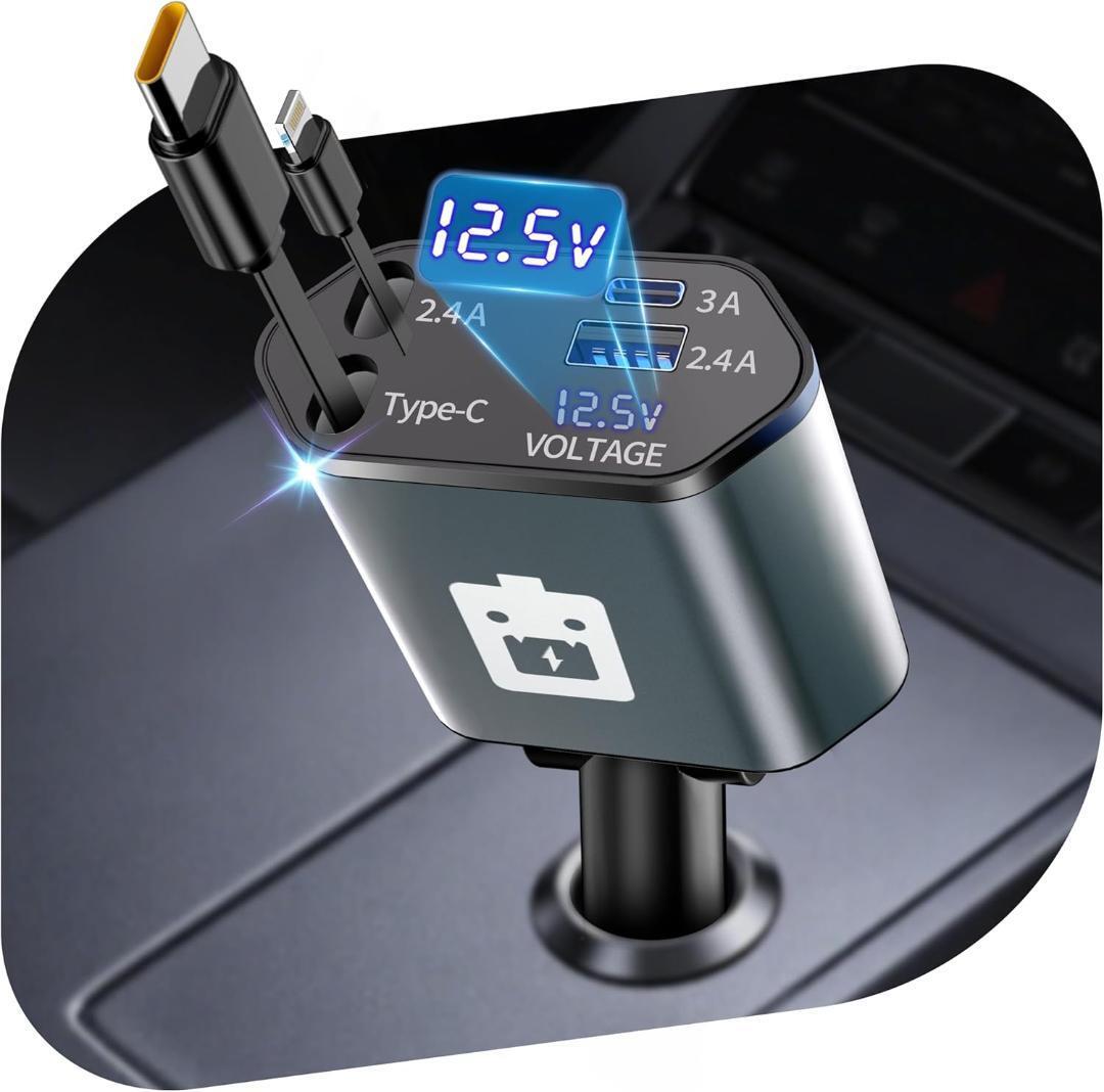 シガーソケット 車 充電器 120W急速充電 巻き取り式 4in1 車載充電器 カーチャージャー Type-C/Lightning対応 新品 未使用_画像1