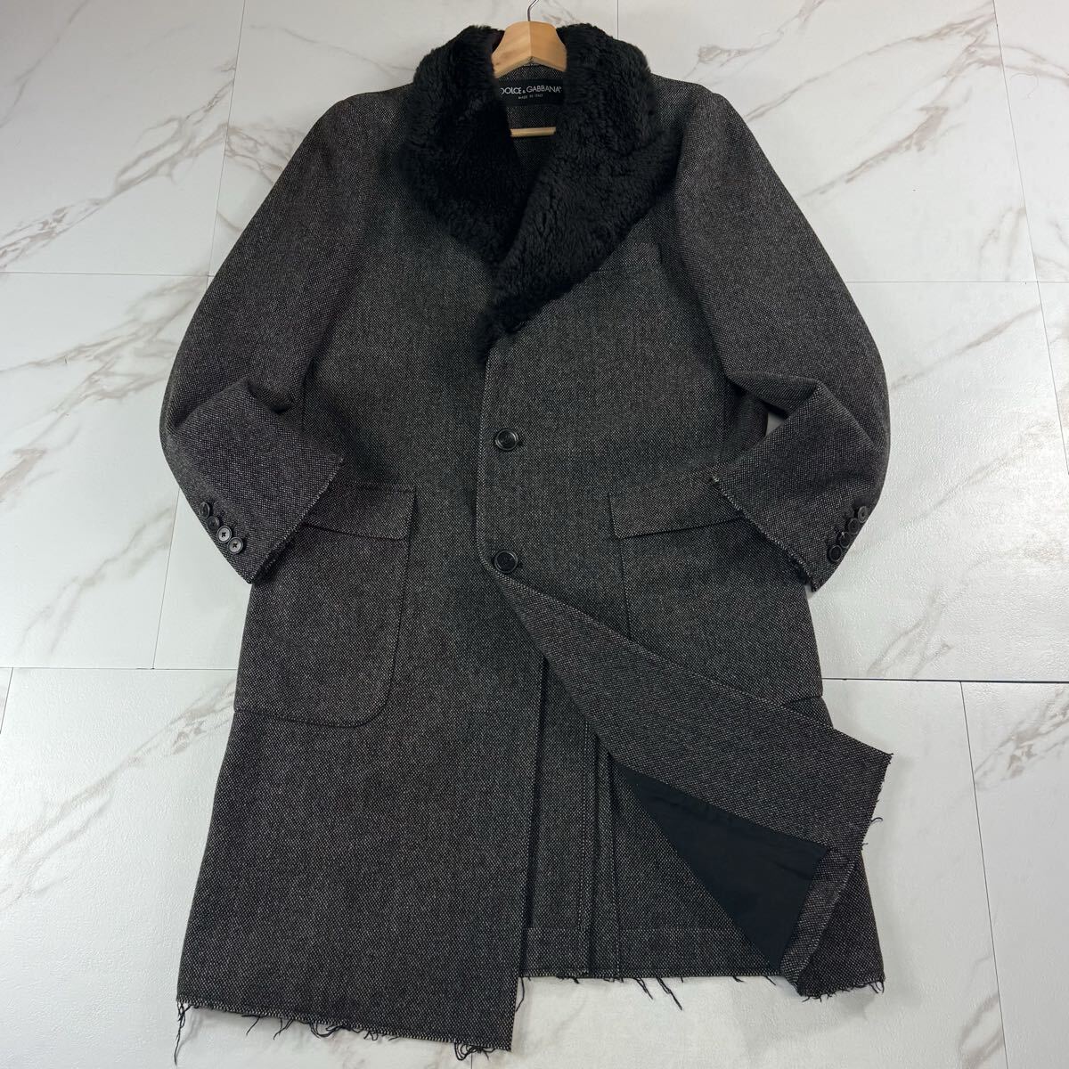  прекрасный товар *DOLCE&GABBANA Dolce & Gabbana Пальто Честерфилд овечья кожа кожа ягненка натуральная кожа боа длинный длина Dolce&Gabbana повреждение обработка серый серия 