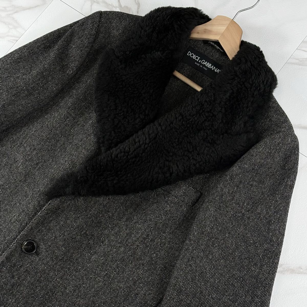  прекрасный товар *DOLCE&GABBANA Dolce & Gabbana Пальто Честерфилд овечья кожа кожа ягненка натуральная кожа боа длинный длина Dolce&Gabbana повреждение обработка серый серия 