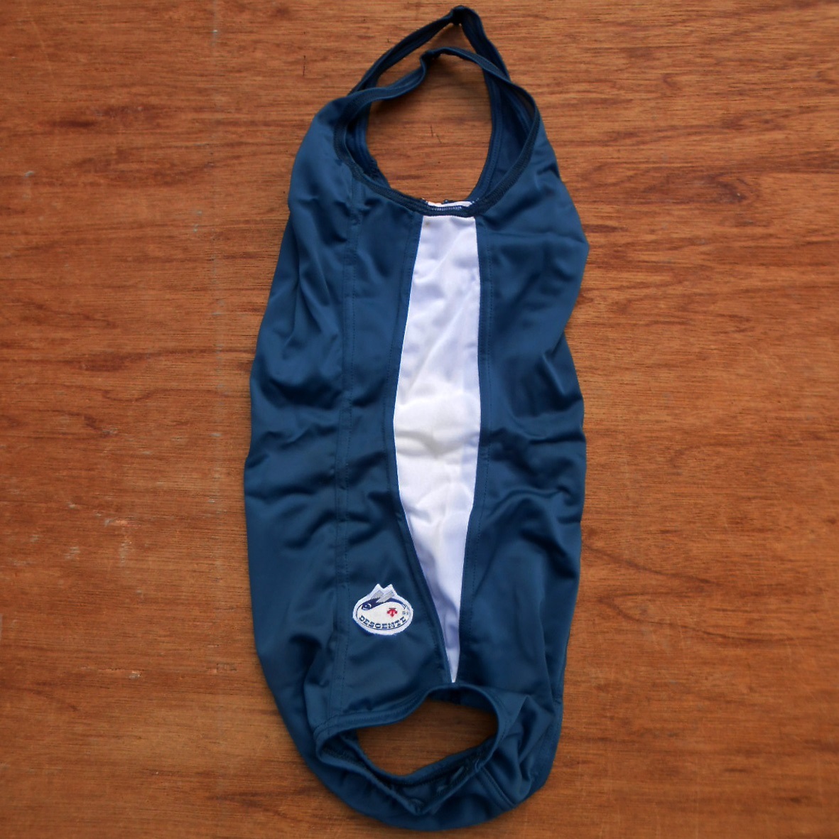 未使用 '80s DESCENTE デサント S2 女児用 スクール水着 ネイビーxホワイト 紺x白 ワンピース ナイロン 日本製 昭和 デッドストック 保管品_画像3