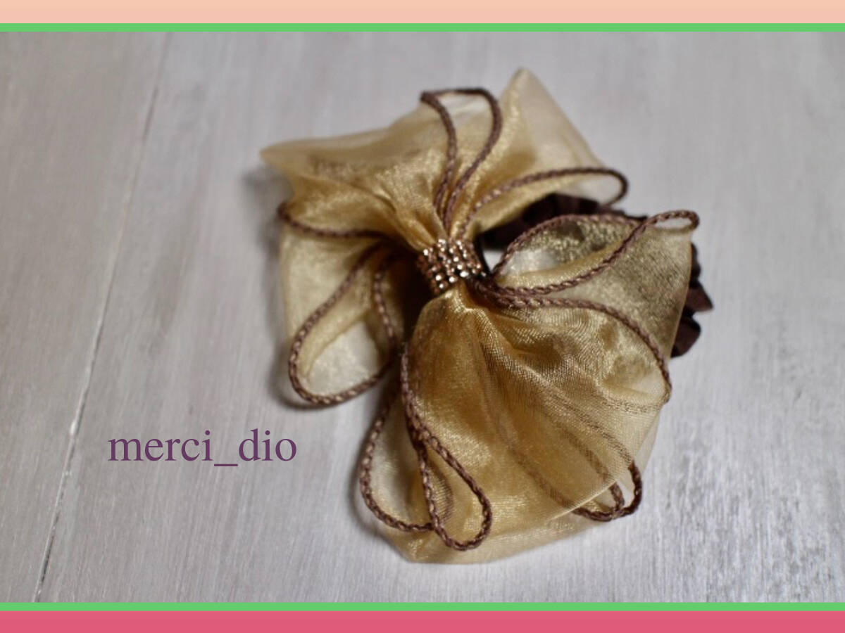 シップス SHIPS ラインストーン×オーガンジー キャメルベージュ ダブルリボン ヘアゴム シュシュ ヘアアクセ 新品 未使用 トゥモロー_画像6