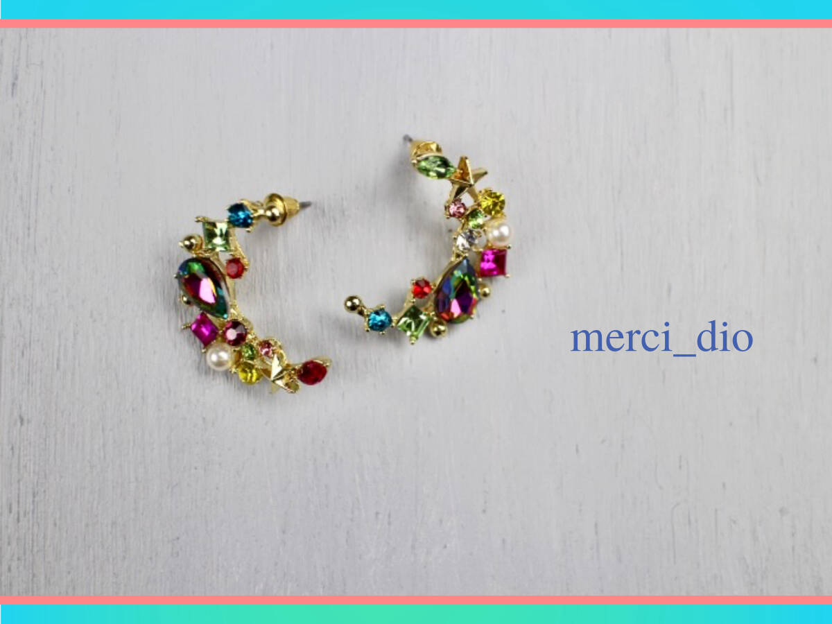 シップス SHIPS ジルコニア ラインストーン ムーン スタッドピアス ゴールドカラー 月 三日月 カラフル マルチカラー 新品 未使用 wai 6 _画像6