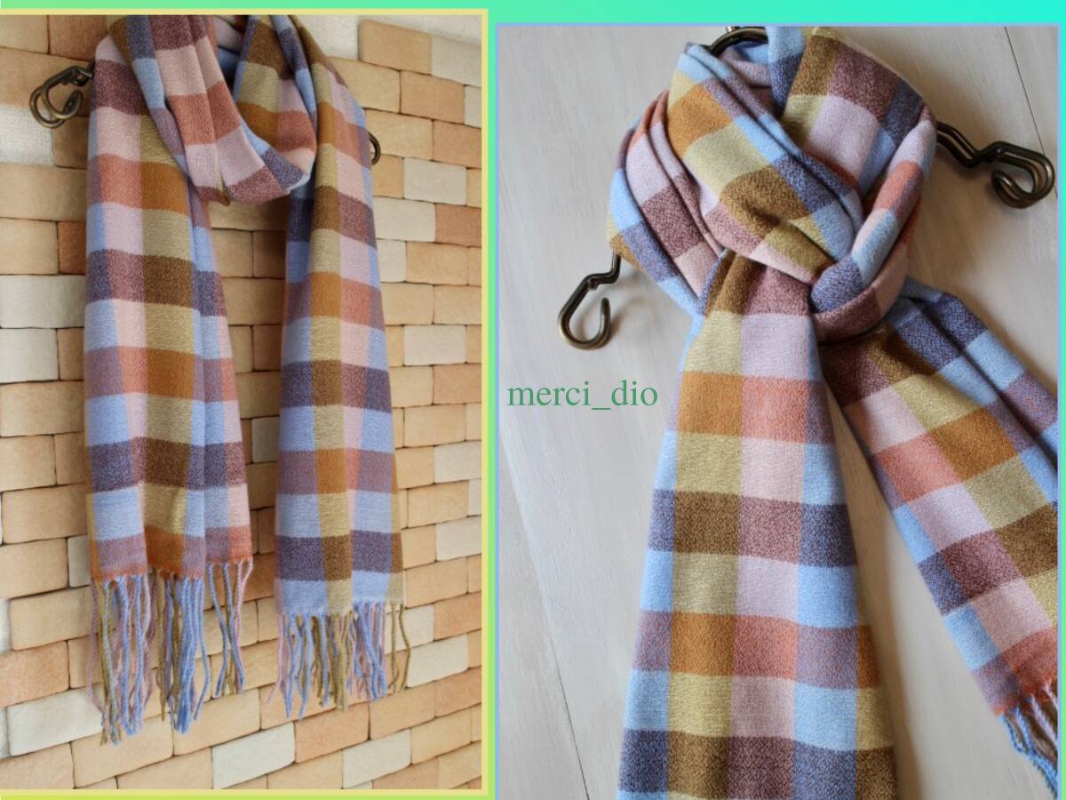 シップス SHIPS アースカラー ブロックチェック柄 大判ストール ロングマフラー パステル キャメル カシミヤ混 新品 未使用 wai アローズ_画像4