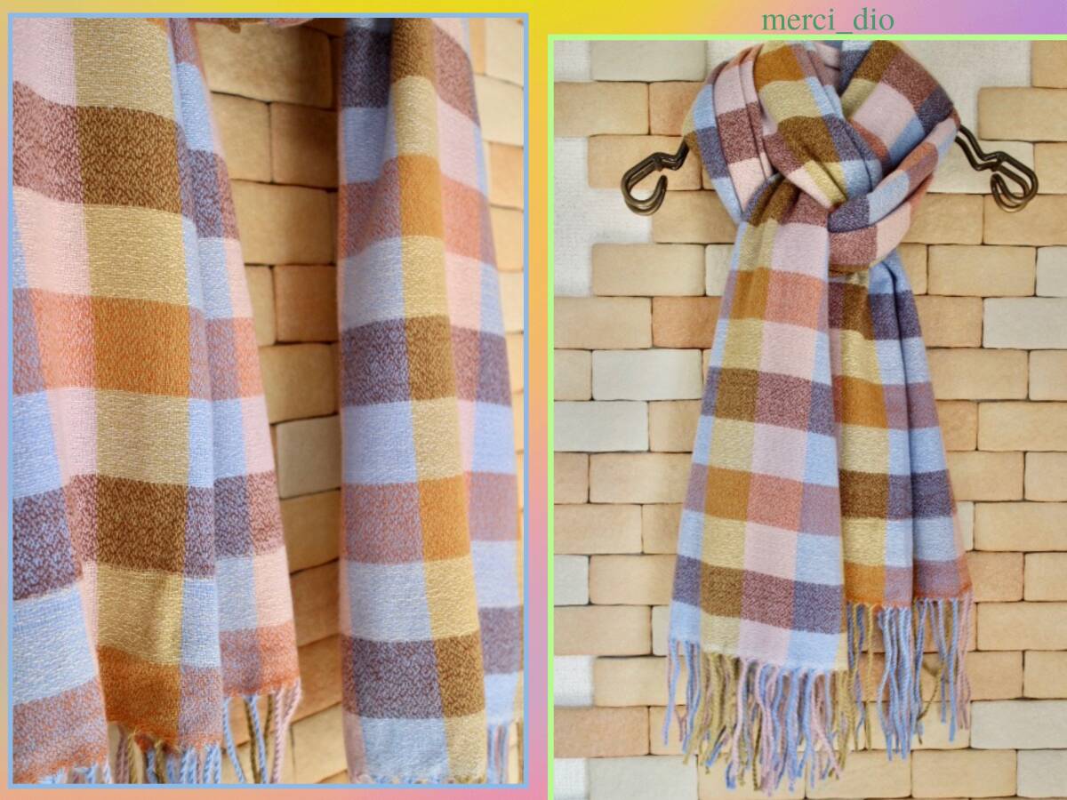 シップス SHIPS アースカラー ブロックチェック柄 大判ストール ロングマフラー パステル キャメル カシミヤ混 新品 未使用 wai アローズ_画像6