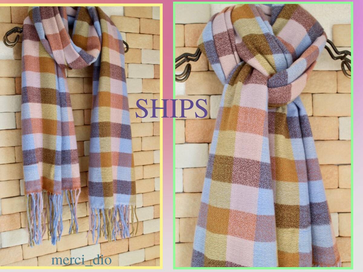 シップス SHIPS アースカラー ブロックチェック柄 大判ストール ロングマフラー パステル キャメル カシミヤ混 新品 未使用 wai アローズ_画像2