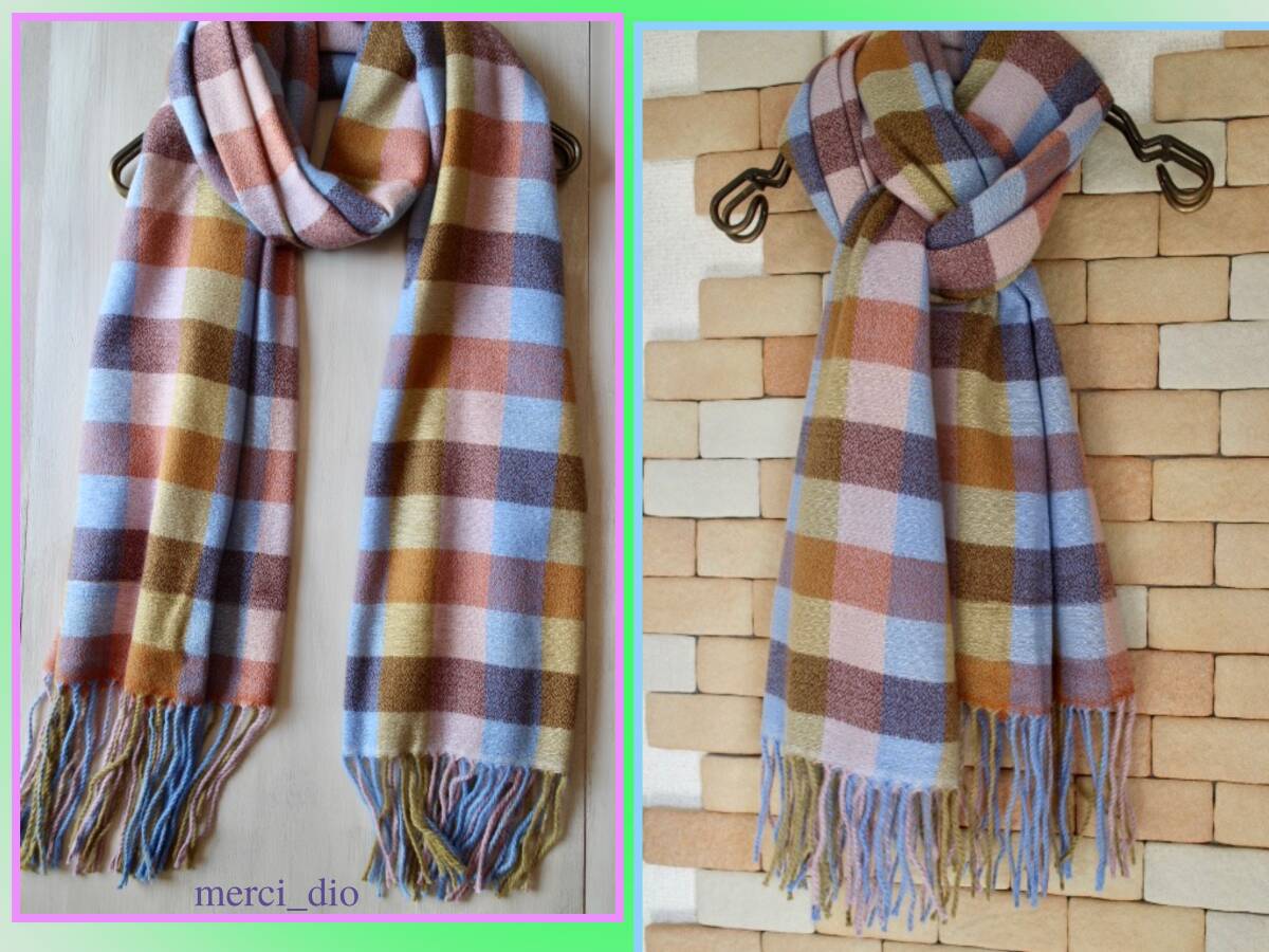 シップス SHIPS アースカラー ブロックチェック柄 大判ストール ロングマフラー パステル キャメル カシミヤ混 新品 未使用 wai アローズ_画像9