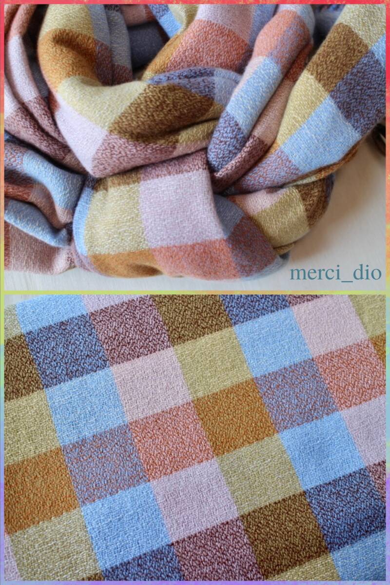 シップス SHIPS アースカラー ブロックチェック柄 大判ストール ロングマフラー パステル キャメル カシミヤ混 新品 未使用 wai アローズ_画像8