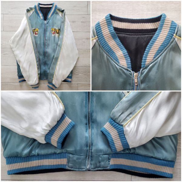 1990s vintage 抜群のフェード感 レーヨン サテン 虎×キルティング リバーシブル スカジャン M相当 1950-60s復刻品 刺繍 スーベニア 古着_画像4