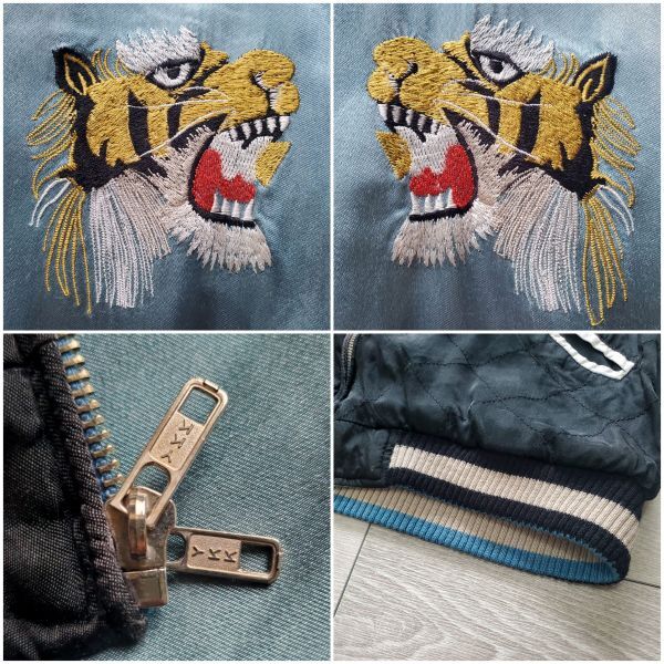 1990s vintage 抜群のフェード感 レーヨン サテン 虎×キルティング リバーシブル スカジャン M相当 1950-60s復刻品 刺繍 スーベニア 古着_画像6